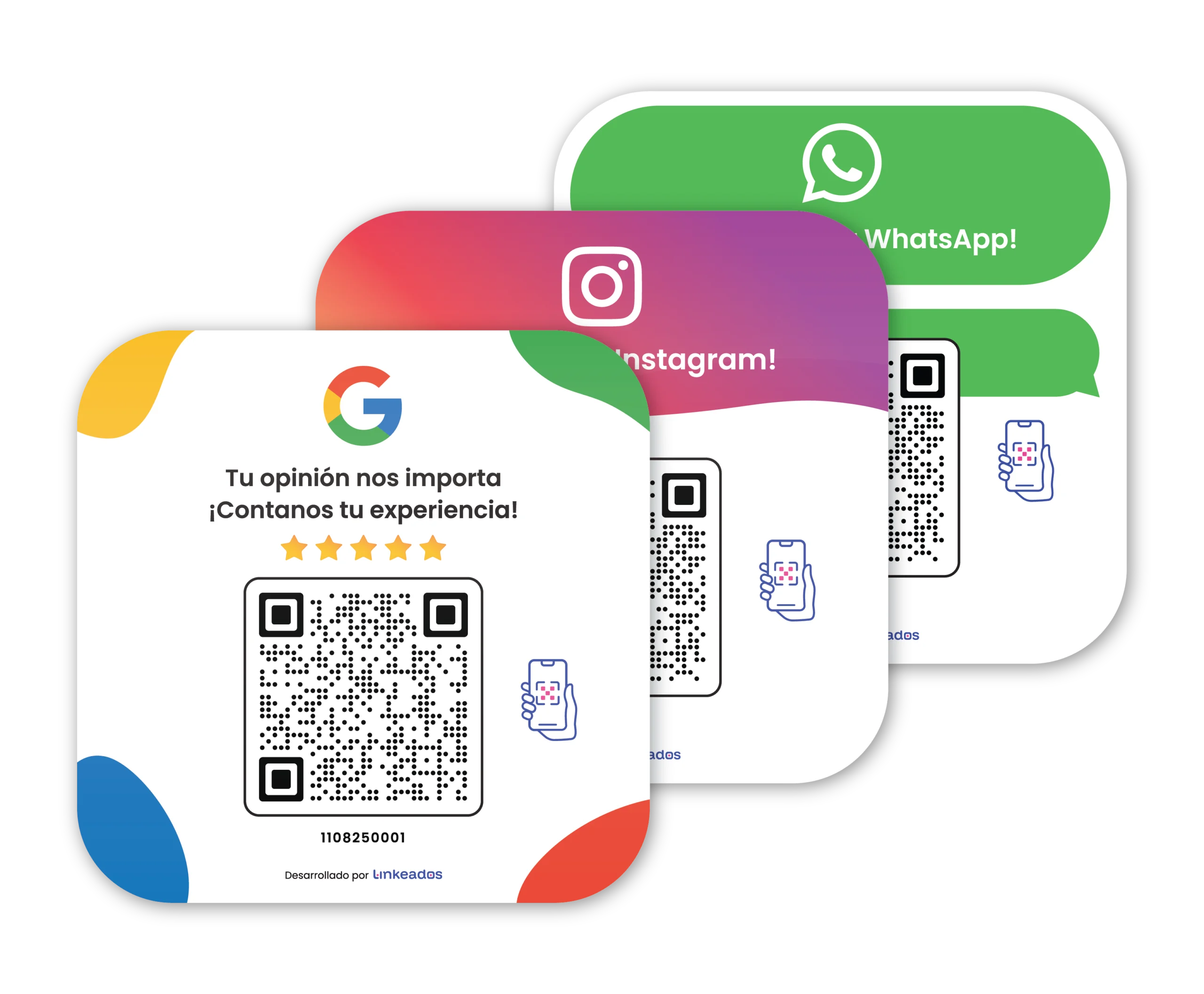 Carteles impresos con código QR personalizados para Google Reviews, WhatsApp e Instagram, ideales para aumentar reseñas y seguidores desde tu local.
