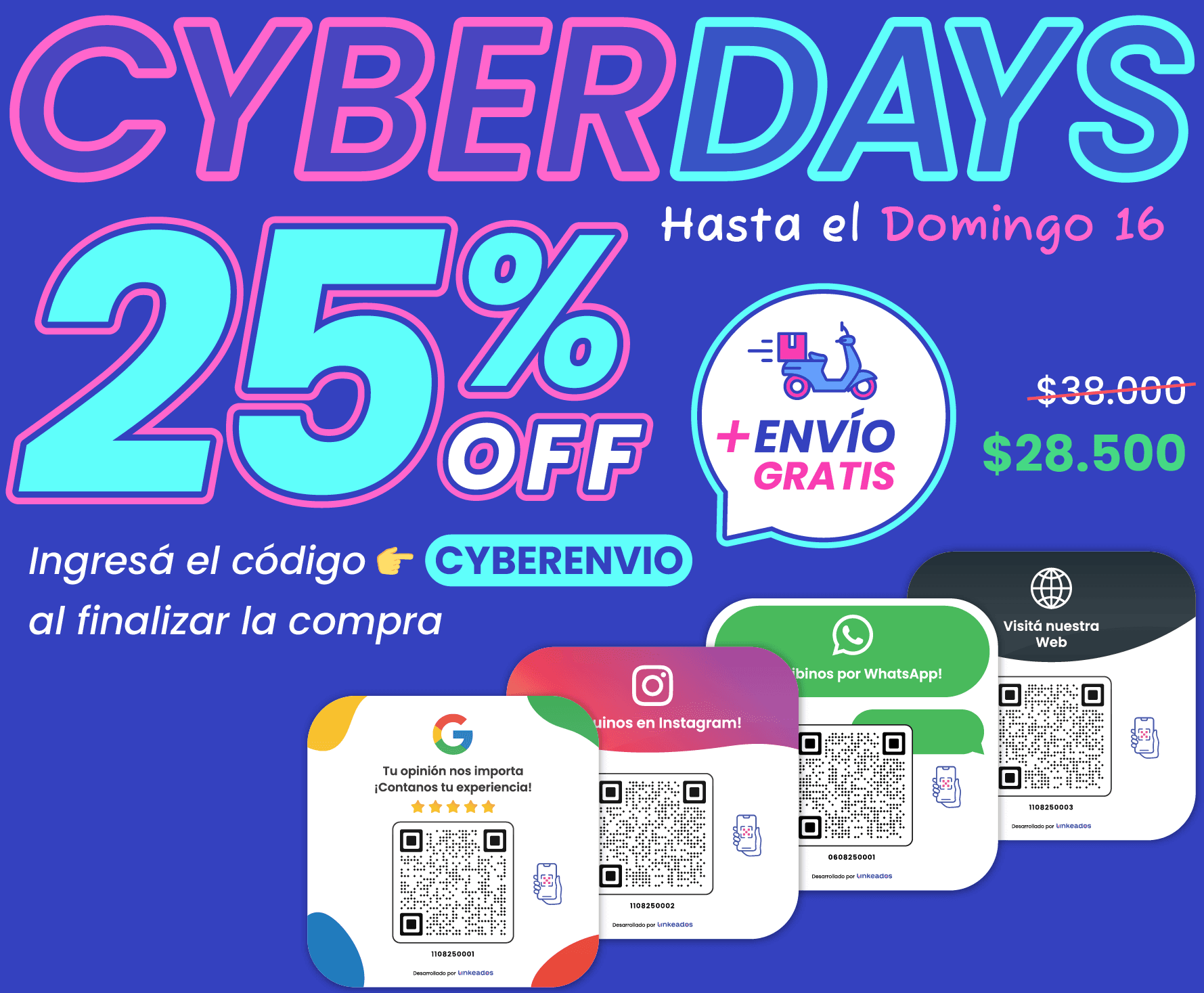 Carteles impresos con código QR personalizados para Google Reviews, WhatsApp e Instagram, ideales para aumentar reseñas y seguidores desde tu local.