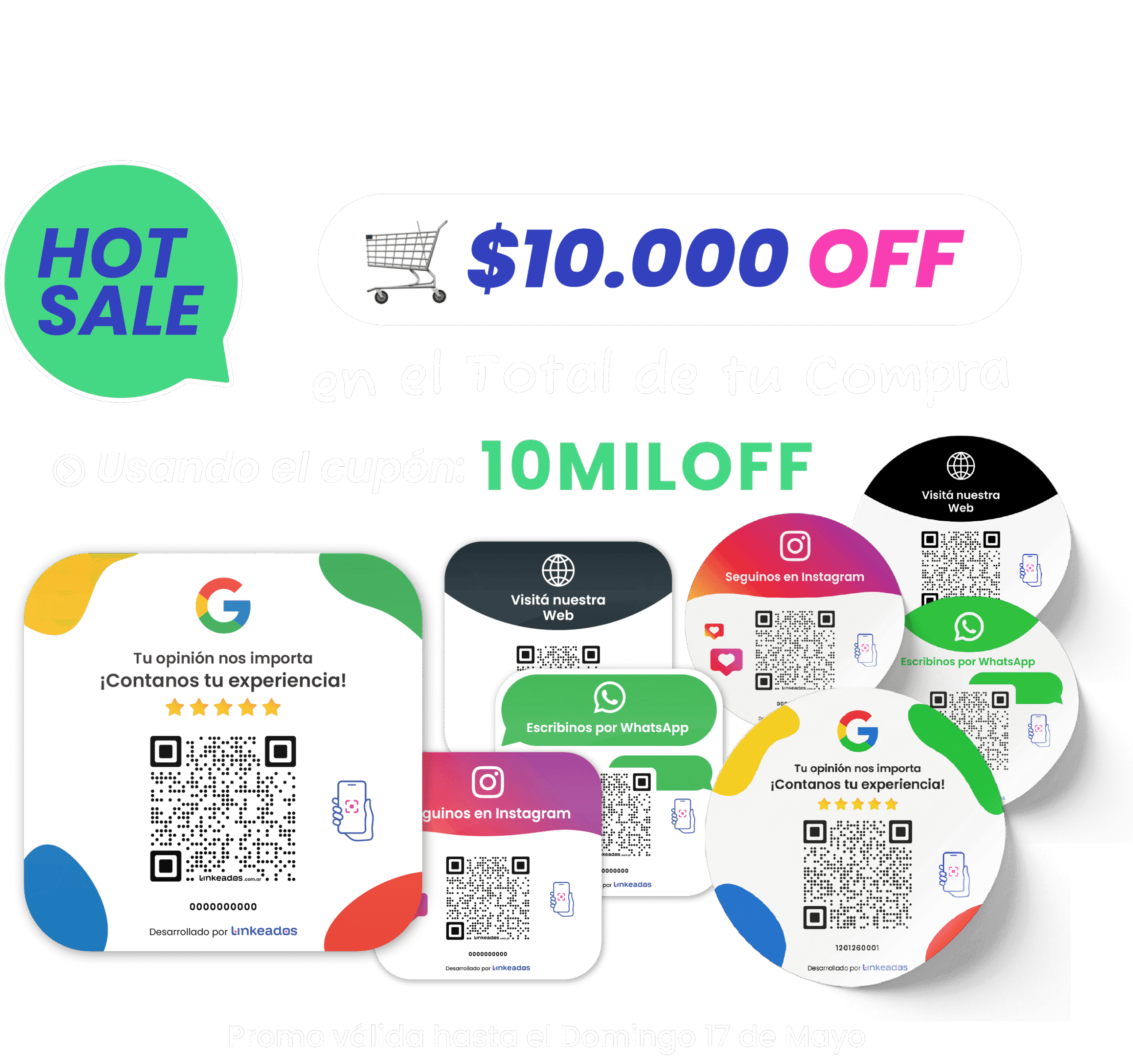 Carteles impresos con código QR personalizados para Google Reviews, WhatsApp e Instagram, ideales para aumentar reseñas y seguidores desde tu local.
