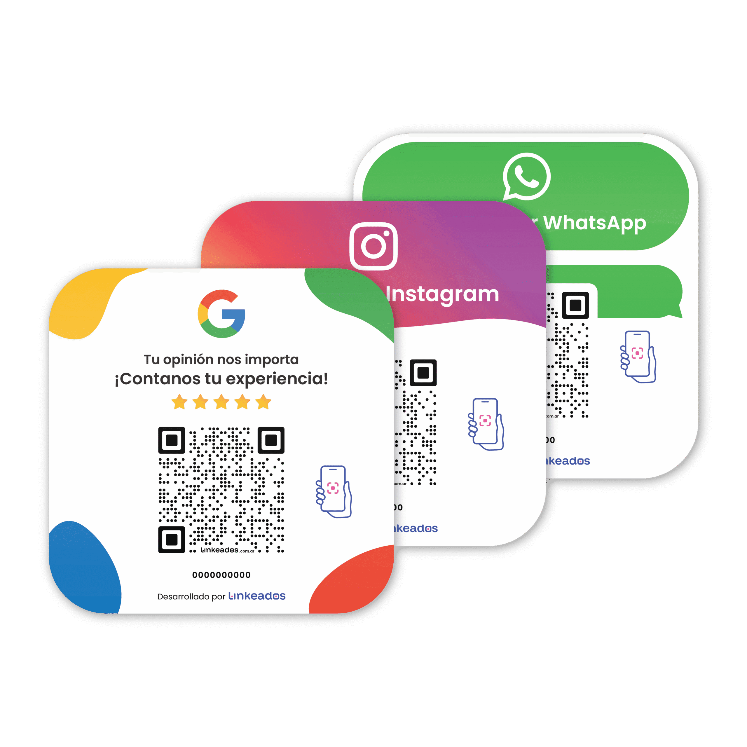 Carteles impresos con código QR personalizados para Google Reviews, WhatsApp e Instagram, ideales para aumentar reseñas y seguidores desde tu local.