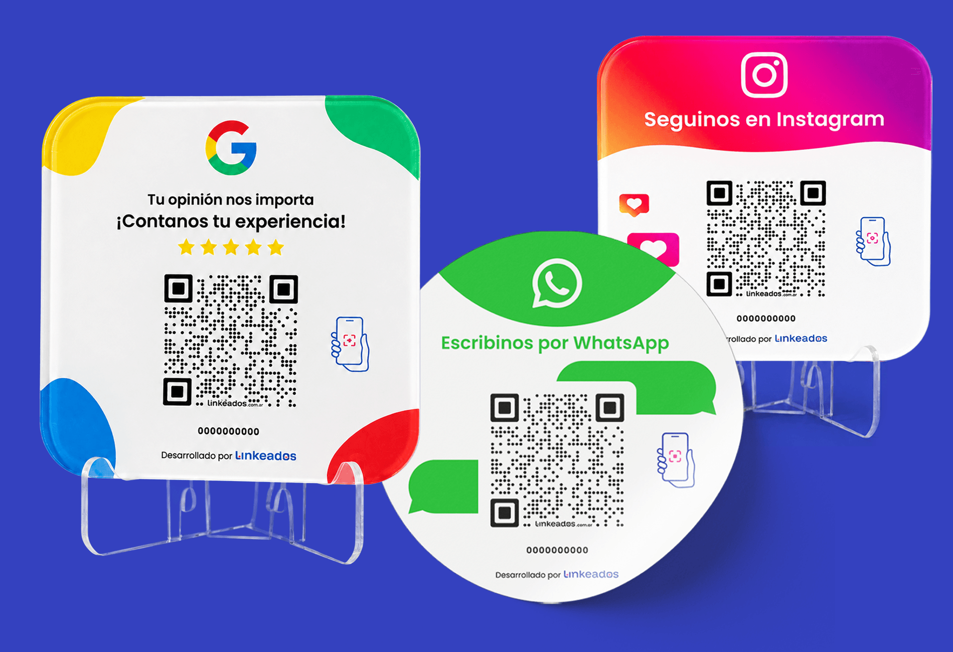 Carteles impresos con código QR personalizados para Google Reviews, WhatsApp e Instagram, ideales para aumentar reseñas y seguidores desde tu local.